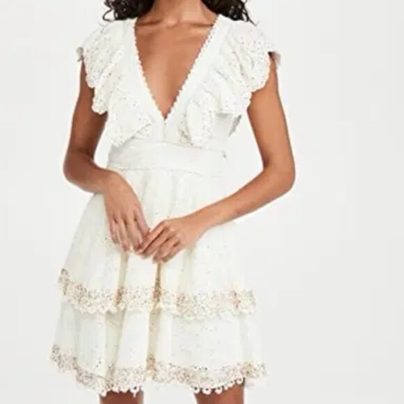 🌈 Farm Rio Eyelet Lace Ruffle Mini Dress MBoho Rainbow Beaded Cream Flare